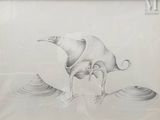 dessin représentant un éléphant et un oiseau sur fond blanc