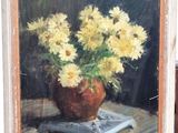 a painting of yellow flowers in a vase on a table