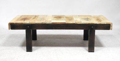 a close up of a wooden table on a white background