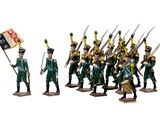 the toy soldiers are dressed in green uniforms and holding flags