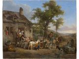 painting of a family gathering outside a cottage with a dog and a horse