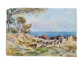 une aquarelle représentant un troupeau de bovins au bord de l'océan