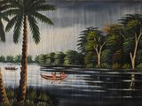 un tableau représentant deux personnes dans un bateau sur l'eau