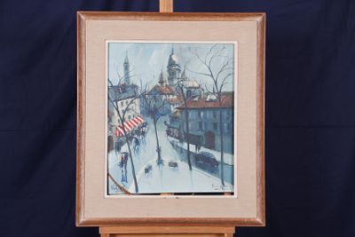 une peinture à l'huile représentant une scène de rue urbaine avec un drapeau posé sur un chevalet