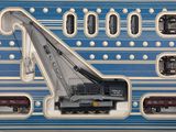 a blue and white box with a crane on it