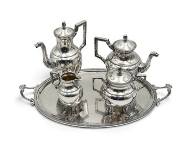 two silver teapots on a silver tray on a white background