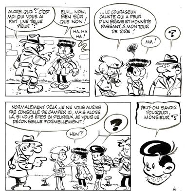a black and white comic strip with a cartoon of a group of people talking to each other