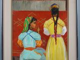 painting of two women in traditional clothing sitting in front of a red wall