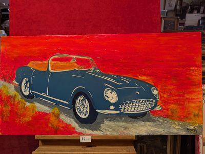 un tableau représentant une voiture de sport bleue posée sur un chevalet