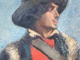 an oil painting of a man in a hat holding a knife