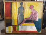 une peinture représentant un homme et une femme assis sur un banc