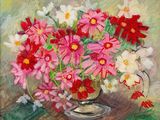 tableau représentant un vase de fleurs posé sur une table, à côté d'un livre