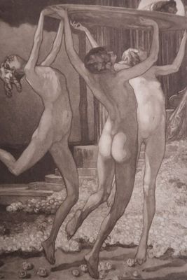 un tableau représentant trois hommes nus portant un morceau de bois sur leurs épaules