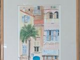 a painting of a building with a palm tree in front of it