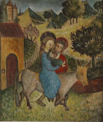 an image of a painting of a woman and a child on a donkey