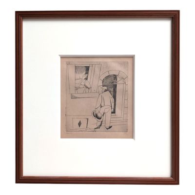drawing of a man sitting on a bench in front of a window