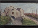 an oil painting of a house by a stream in a field