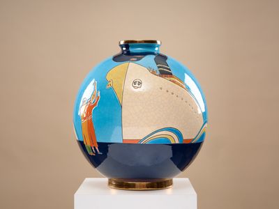 LONGWY "Le Havre" Vase boule coloniale en faïence émaillée p…