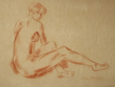 dessin représentant une femme nue assise par terre, les jambes croisées
