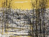tableau représentant des arbres dans un champ, avec un ciel jaune en arrière-plan