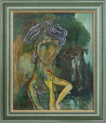 un tableau représentant une femme aux cheveux violets, dans un cadre vert