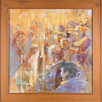 an oil painting of a group of people playing instruments in a room