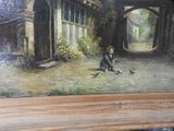 a painting of a woman sitting on the ground in front of a building