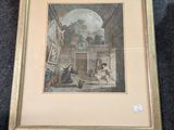 tableau encadré représentant un homme et une femme dans une cour