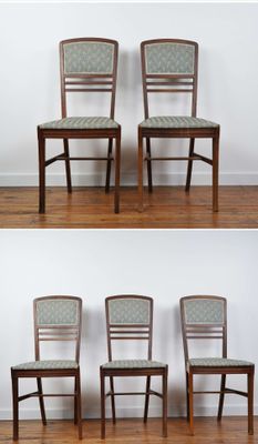 three pictures of a set of four wooden chairs with upholstered upholstered seats