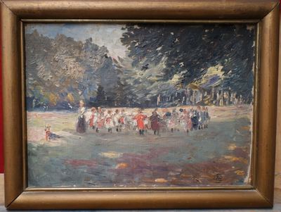 une peinture à l'huile représentant un groupe de personnes se promenant dans un parc