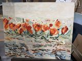 a painting of a bunch of red flowers on a canvas