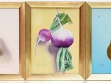 three framed paintings of fruit and vegetables hanging on a wall