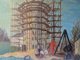 a painting of a building under construction with scaffolding on it