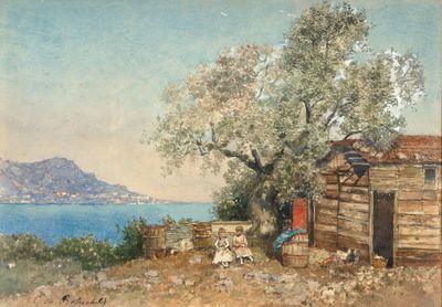 un tableau représentant une cabane au bord d'un lac