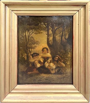 painting of a group of people sitting in a wooded area