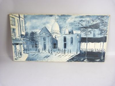 painting of a street scene with buildings and a church in the background