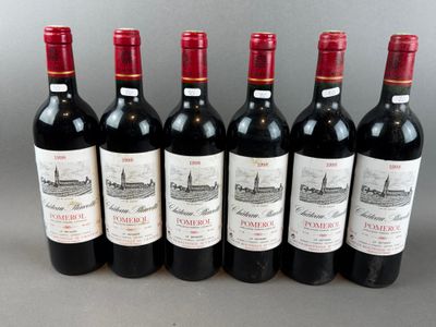 six bottles of red wine lined up in a row