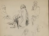 drawing of a man sitting on the ground with a group of people