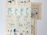 several drawings of people and animals on a sheet of paper