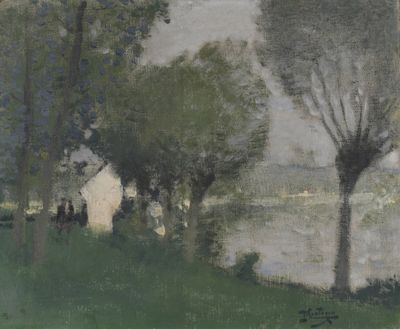 peinture représentant quelques arbres dans un champ près d'un plan d'eau