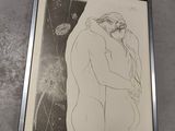 dessin représentant un homme et une femme s'embrassant devant une fenêtre