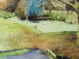 an image of a painting of a pond and a tree in a park