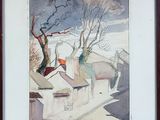 framed watercolor painting of a street scene with houses and trees