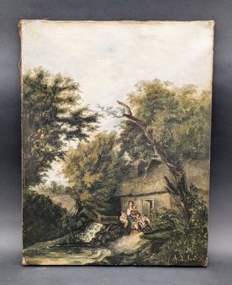 un tableau représentant une maison dans un cadre boisé, avec une calèche tirée par un cheval