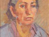 une peinture à l'huile représentant une femme vêtue d'une chemise bleue