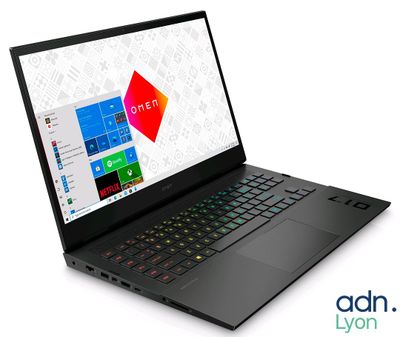 a black laptop with a colorful logo on the screen