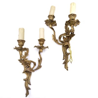 pair of antique brass wall sconces with flowers and leaves