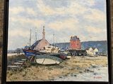 a painting of a harbor scene with boats on the shore