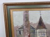a painting of a building with a clock on it