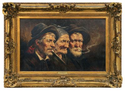 un tableau représentant trois vieillards coiffés de chapeaux et portant la barbe